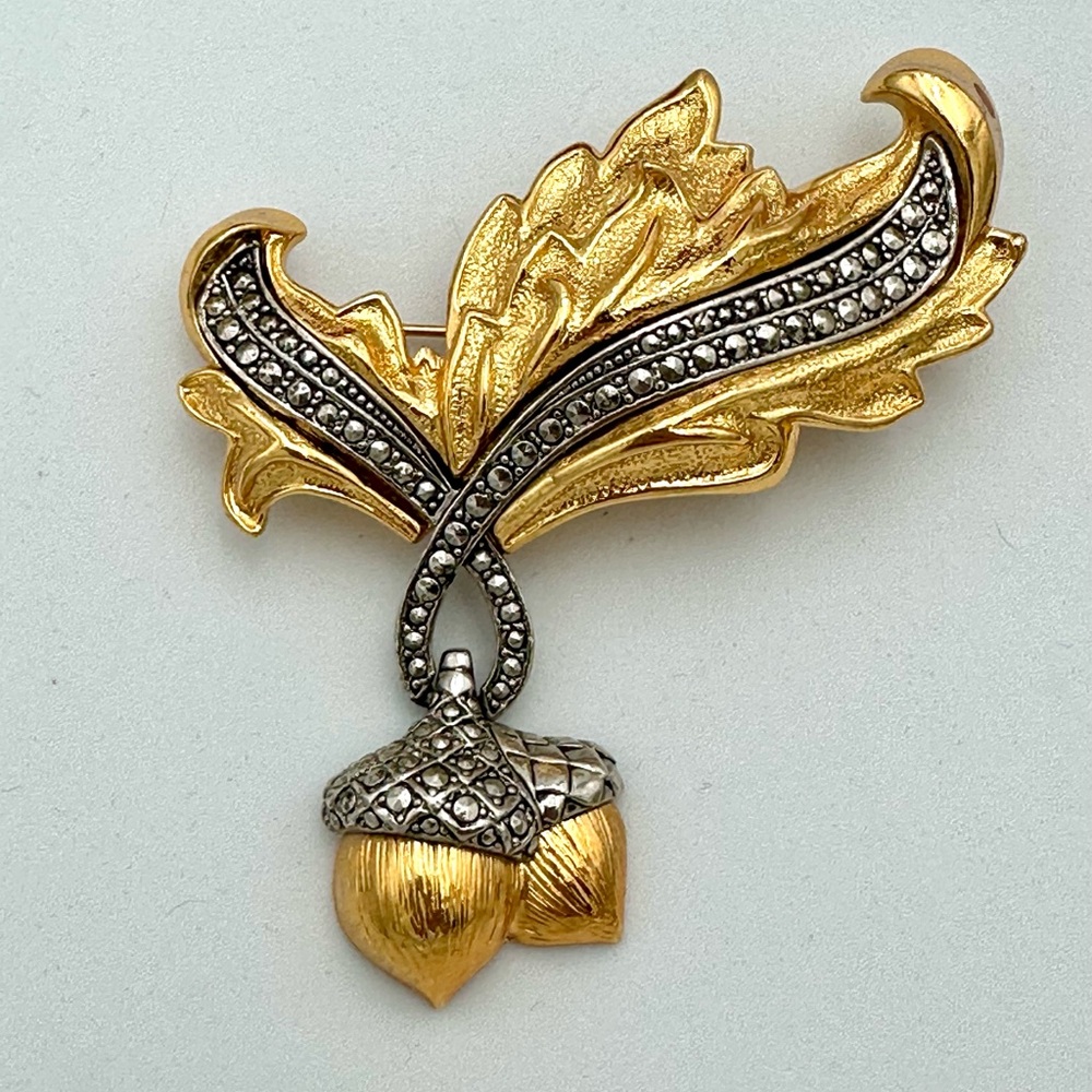 Vintage Avon Gold Marcasite Silver Acorn Brooch Autumn Fall